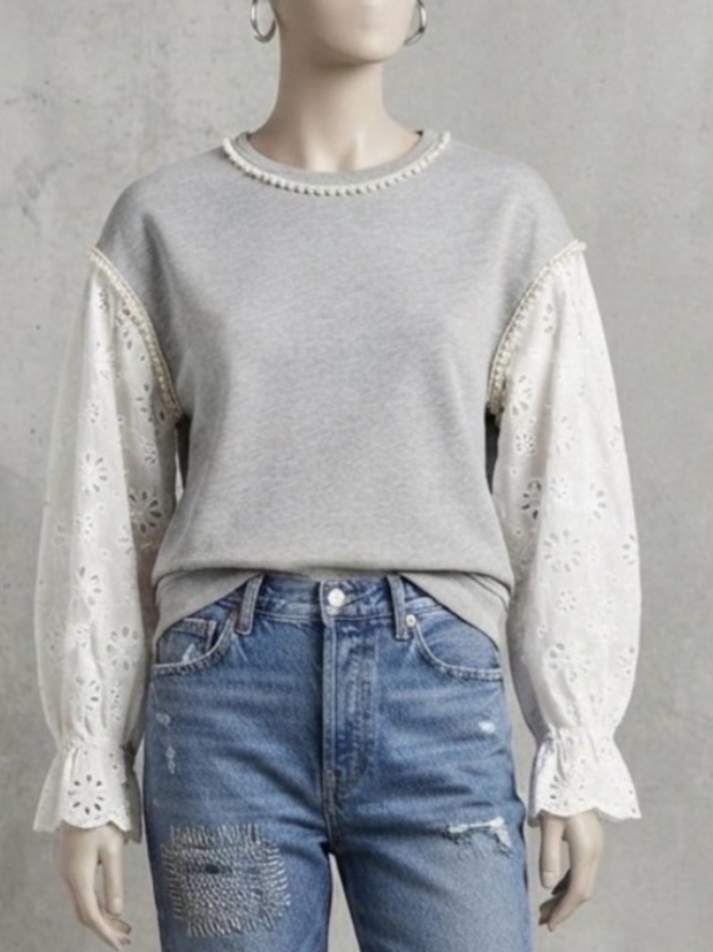 Cezele Gray Sweatshirt with White Eyelet Lace Sleeves and Pearl Trim